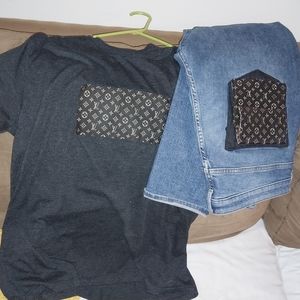 Handmade with authentic materials. Luxury brand jeans and a t-shirt. A remix